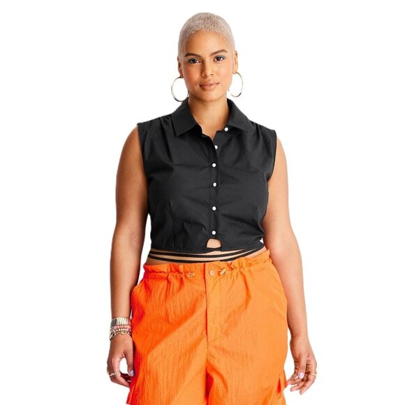 Future Collective Women Medium Cropped & Wrap Tie Waist Button Front Black Vest - Picture 1 of 5